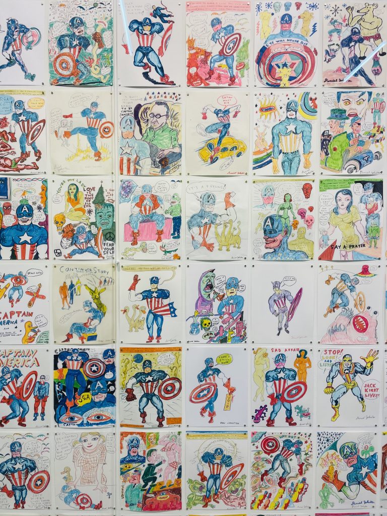 Many sketches of Daniel Johnston's "Captain American" series.