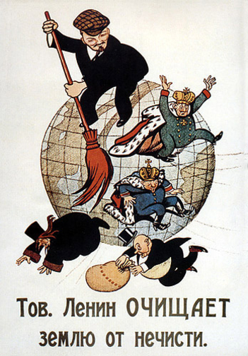 Affiche de propagande bolchevique : "Le camarade Lénine nettoie la terre de la racaille" 