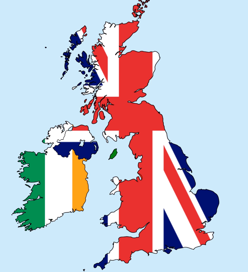 Irlanda (verde-blanco-naranja) Gran Bretaña (rojo-blanco-azul)