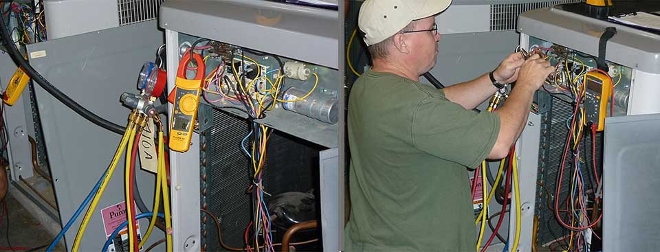 student checking wiring on heat pump