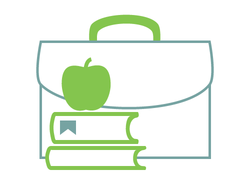 Workforce Education - Icon of apple on a stack of books in front of a briefcase