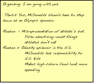 Text Box: Organizing: I am going with yes.    Thesis: Yes, McDonalds should have to step down as an Olympic sponsor.   Reason  1: Misrepresentation of athlete's diet. False advertising—most things athletes don't eat Reason 2: Obesity epidemic in the U.S. McDonalds has responsibility to U.S. kids Makes high-calorie food look more appealing 