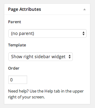 To enable widgets on a page, select Show right sidebar widget form the Template drop down menu.