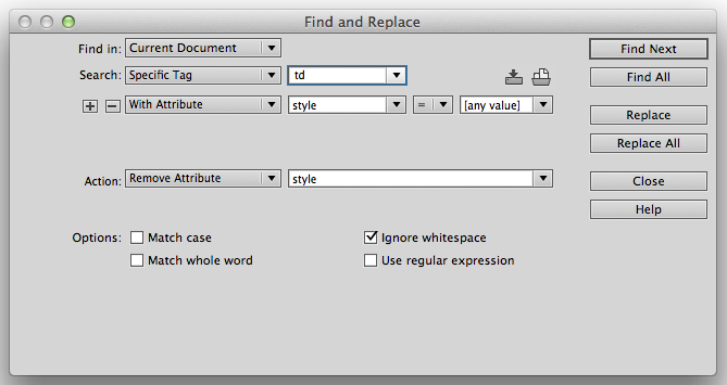Dreamweaver's Find and Replace Specific Tag