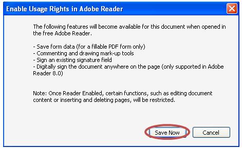 window appears with information about the usage rights in Adobe Reader
