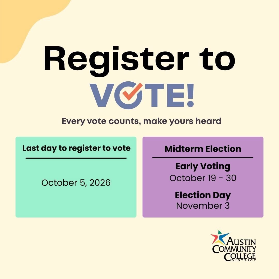 National Voter Registration Day Resource Fair. Register to vote! Every vote counts, make yours heard. ACC Northridge Campus - September 15 & 16 (Tuesday & Wednesday). 10 am-2pm. NRG Cafe, Building 1000. ACC Highland Campus - September 15 (Tuesday) 10 am-2 pm. HLC Paseo. Free Pizza for all.