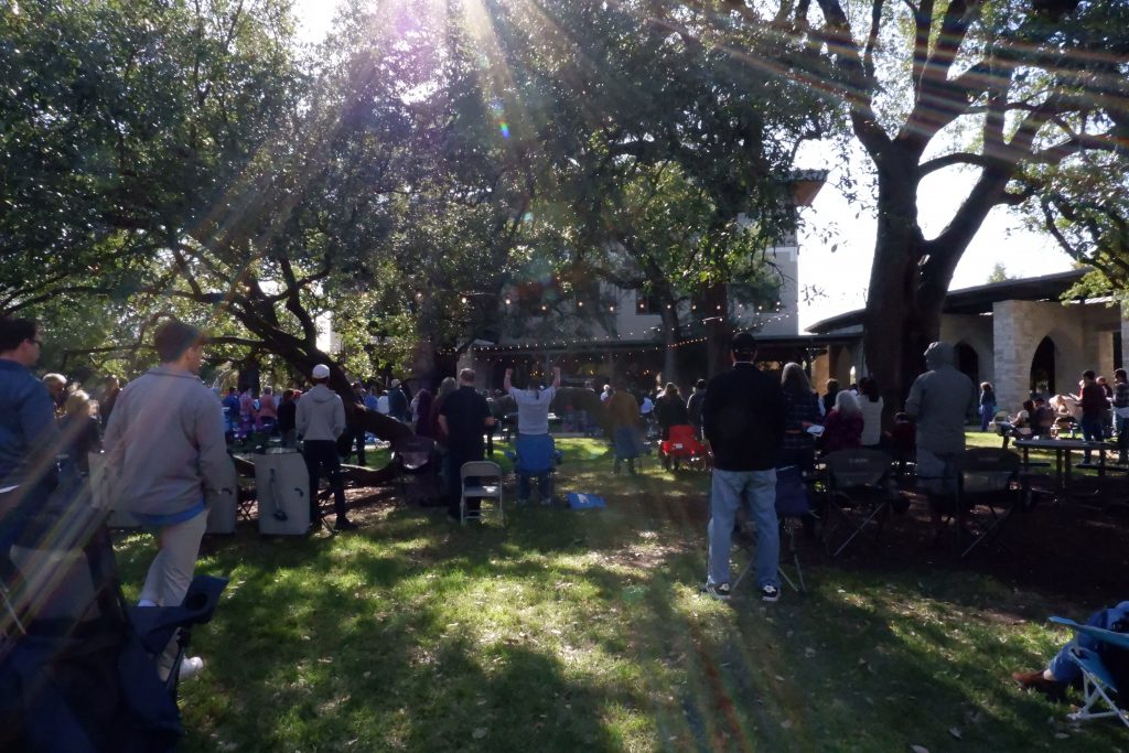Congregants enjoy lively praise and worship music as part of Austin Oaks Church’s outdoor church service in Austin TX, Sunday, November 15.