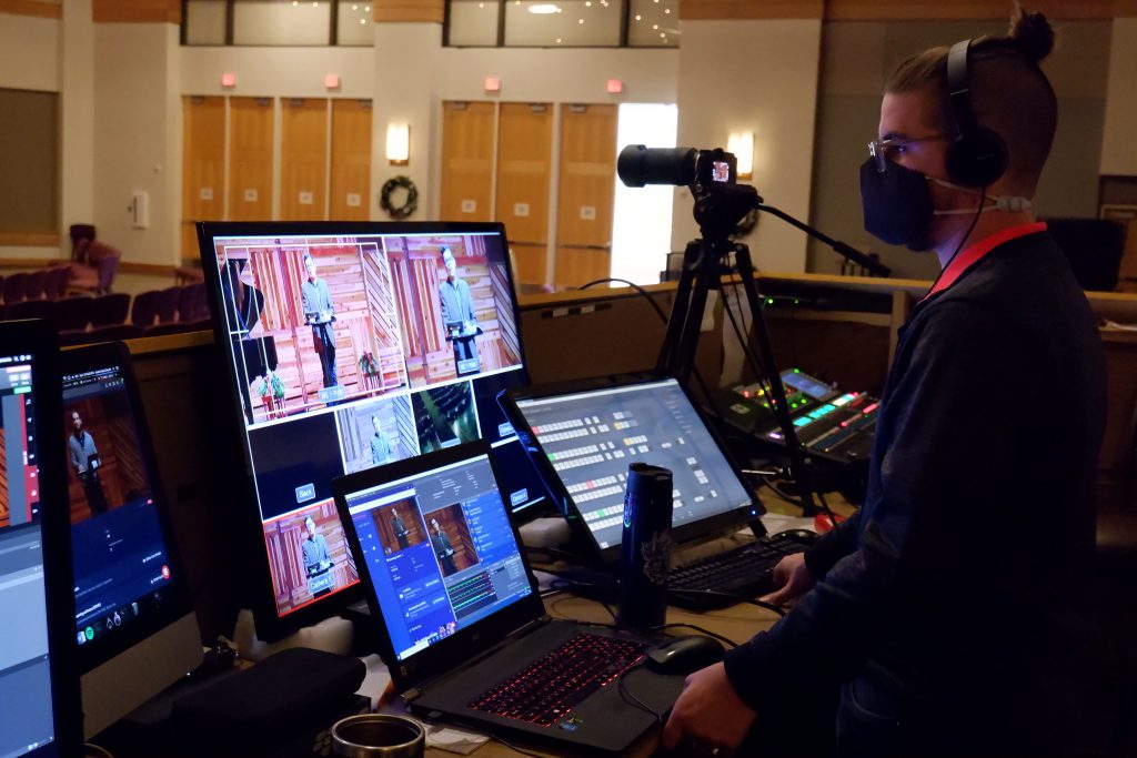 Joshua Bridgewater coordinates the livestream for Austin Oaks Church in Austin, TX, Sunday, November 29, 2020.