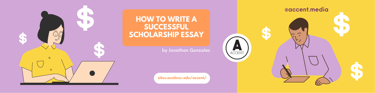 A purple and gold background. In the foreground are two cartoon-like people typing on their laptops. There are also dollar signs floating in the air around them. The words "How to Write A Scholarship Essay" can be read at the top of the image.