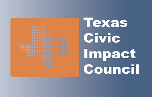 A blue background with a burnt orange image of Texas and the words "Texas Civic Impact Council" in the foreground.