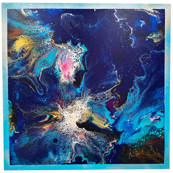 Abstract painting by Elisha Mac Gregor created with acrylic, spray paint, rocks, and glitter.