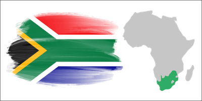 The national flag of South Africa alongside a map of Africa with South Africa highlighted in green