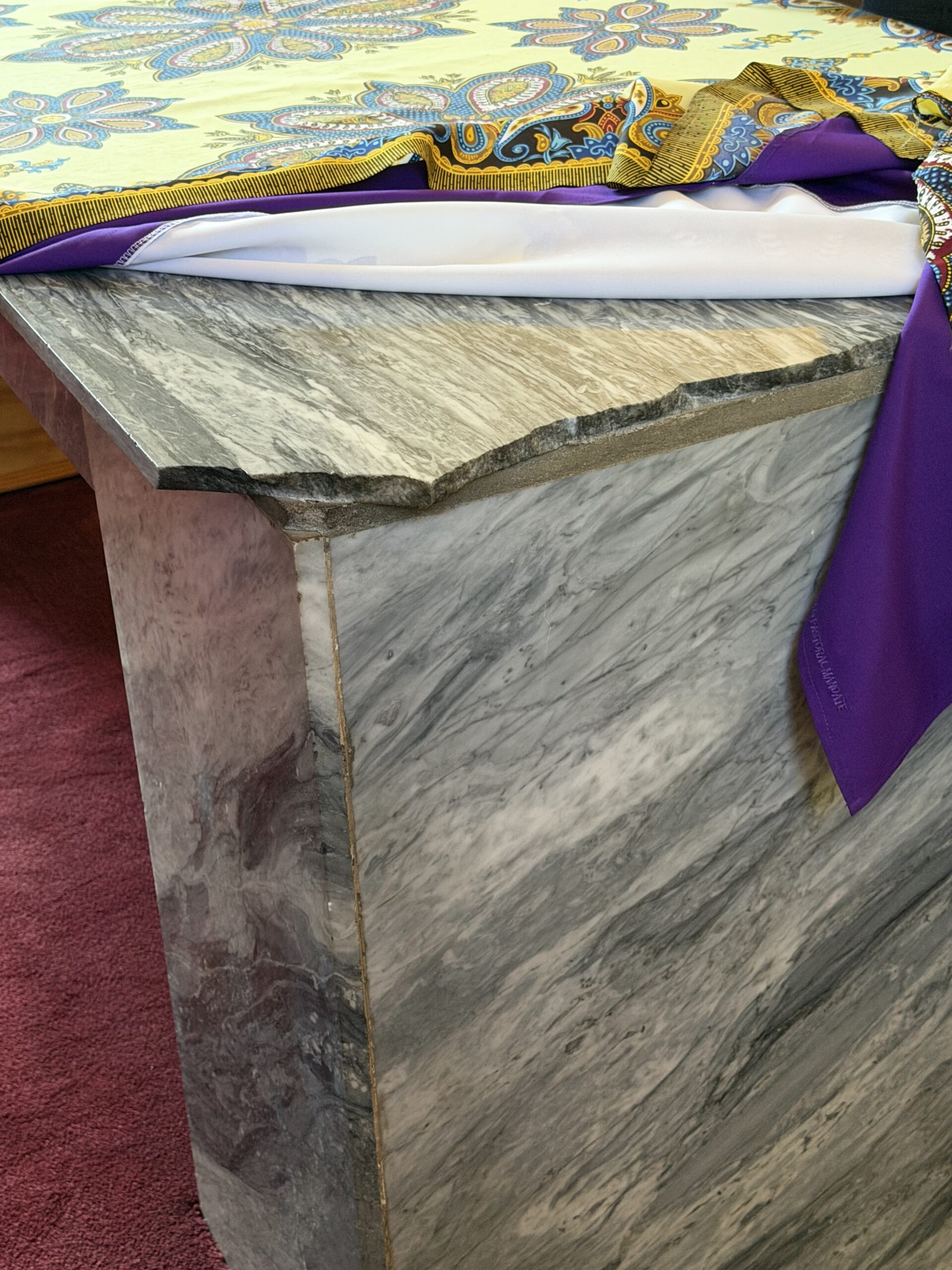 A close-up of the altar at Regina Mundi Church in Soweto, showing damage and scars from the 1976 uprising.