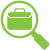 Job Search icon graphic of a magnifying glass showing a briefcase