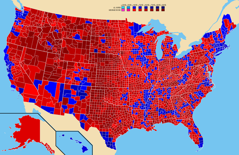 2000 Presidential Election Results by County, w. Gore Winning Blue and Bush 43 Red