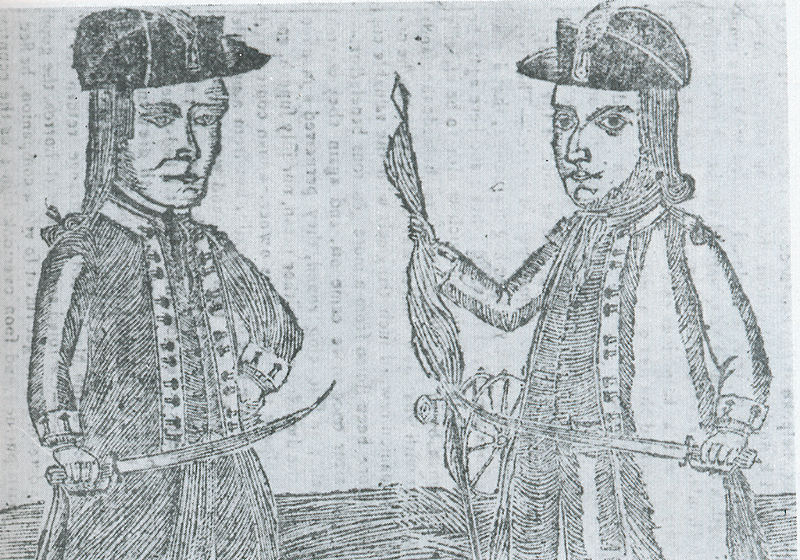 "Shays's Rebellion." The portraits of Daniel Shays and Job Shattuck, leaders of the Massachusetts "Regulators," Cover of Bickerstaff's Boston Almanack of 1787 (c. 1787), National Portrait Gallery, Smithsonian Institution