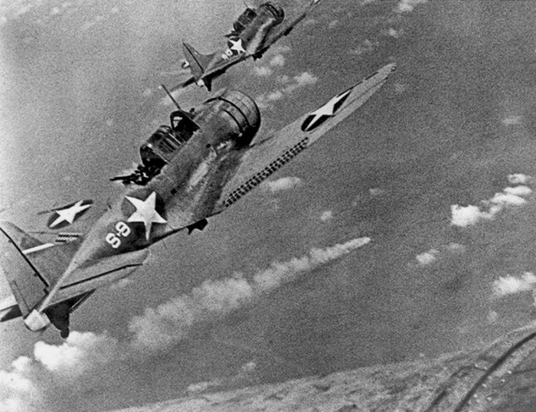 U.S. Navy Douglas SBD-3 "Dauntless" Dive Bombers From Scouting Squadron VS-8 From USS Hornet (CV-8) During Battle of Midway, 6 June 1942, U.S. Navy