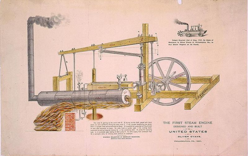 1893 illustration of Oliver Evans' Columbian 1812 Steam Engine (one of the first in U.S.), Library of Congress
