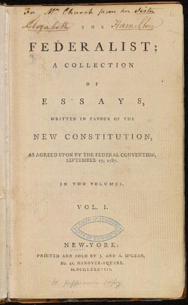 Title Page of the First Compilation Printing of the Federalist Papers, 1788