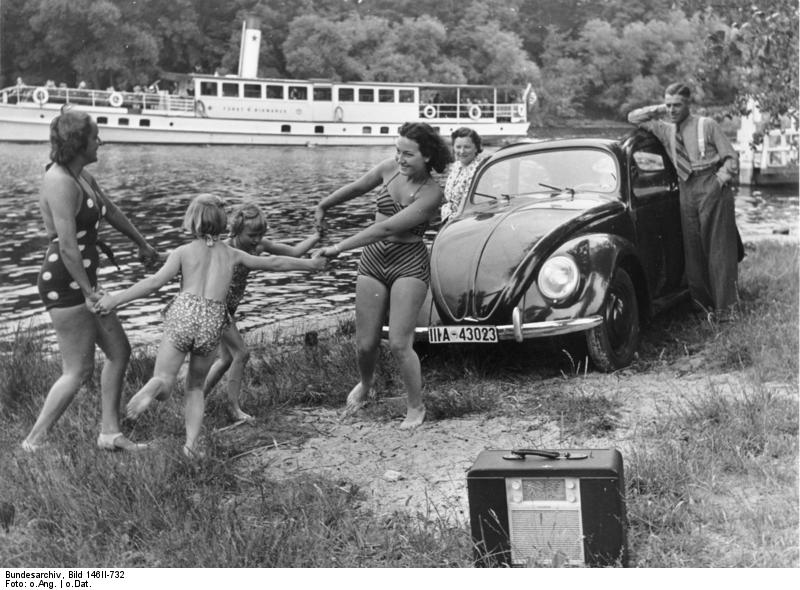 German Family Enjoying Beetle & Radio in Rebuilt Economy
