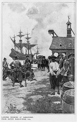 Landing Negroes at Jamestown from Dutch man-of-war, 1619, H. Pyle (1901)
