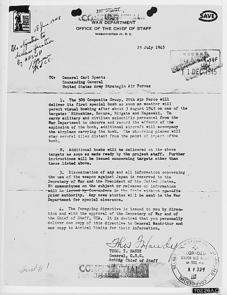 Letter from Thomas Handy to Carl Spaatz, July 25, 1945
