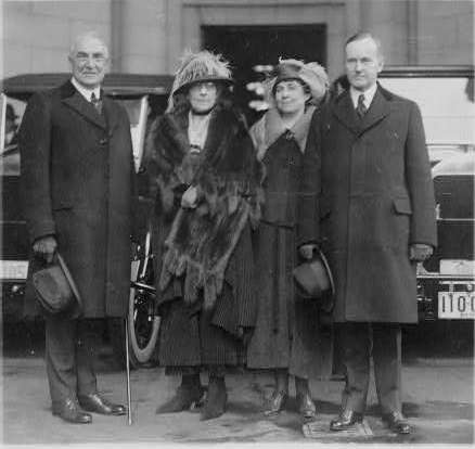 Left to Right: President Warren G. Harding, First Lady Mrs. Florence Harding, Mrs. Grace Goodhue Coolidge, Vice President Calvin Coolidge, ca. 1921, National Photo Company-Library of Congress