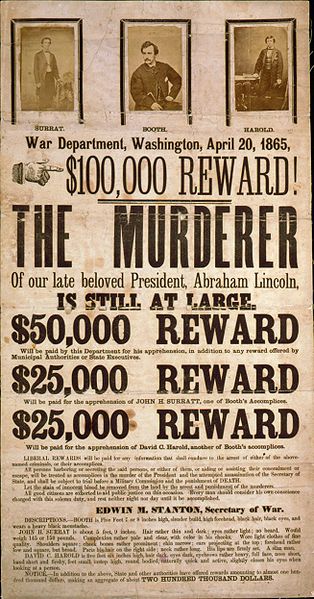 Broadside Advertising Reward for Capture of Lincoln Assassination Conspirators, illustrated with Photographic Prints of John H. Surratt, John Wilkes Booth, and David E. Herold, Library of Congress Rare Book & Special Collections Division