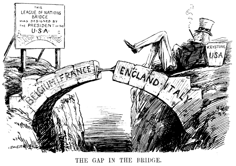 Gap in the Bridge (Cartoon About Absence of the USA From the League of Nations, Depicted as the Missing Keystone of the Arch, w. Cigar Symbolizing Uncle Sam Enjoying its Wealth, Leonard Raven-Hill, Punch Magazine, 1919