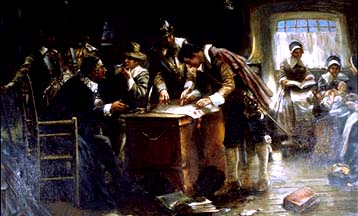 Pilgrims Signing the Mayflower Compact in a Cabin Aboard the Mayflower, Edward Percy Moran, ca.1900, Pilgrim Hall Museum, Plymouth, MA