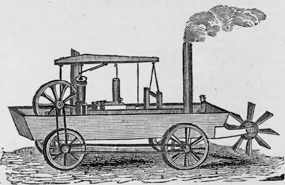 Oliver Evans' Steam Car, Illustration from "The Boston mechanic and journal of the useful arts and sciences"" Boston : G.W. Light & Co., July, 1834