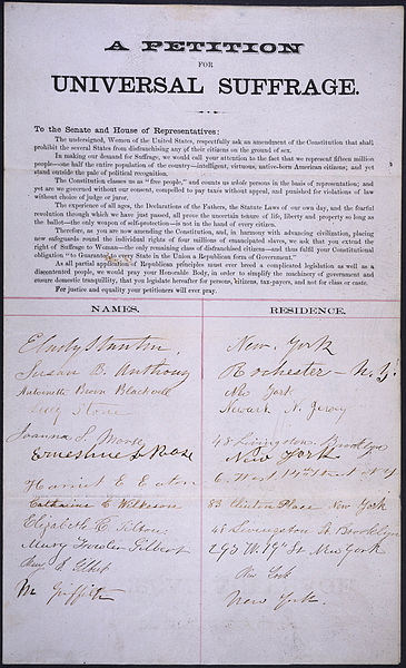 Petition of Elizabeth Cady Stanton, Susan B. Anthony, Lucy Stone, and Others Asking for an Amendment of the Constitution That Shall Prohibit the Several States from Disfanchising Any of Their Citizens on the Ground of Sex, Legislative Archives