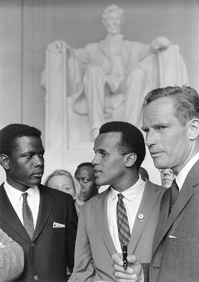 Harry Belafonte (center) at the 1963 Civil Rights March on Washington, D.C with Sidney Poitier (left) and Charlton Heston, National Archives