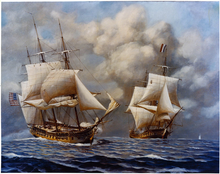 Scene depicting the action of 9 February 1799, when the USS Constellation (left), commanded by Captain Thomas Truxtun, captured the French frigate L'Insurgente (right).
