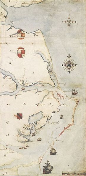 Map of the East Coast of North America From the Chesapeake Bay to Cape Lookout by John White, 1585