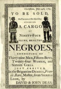 Reproduction of Handbill Advertising a Slave Auction, in Charleston, South Carolina, 1769