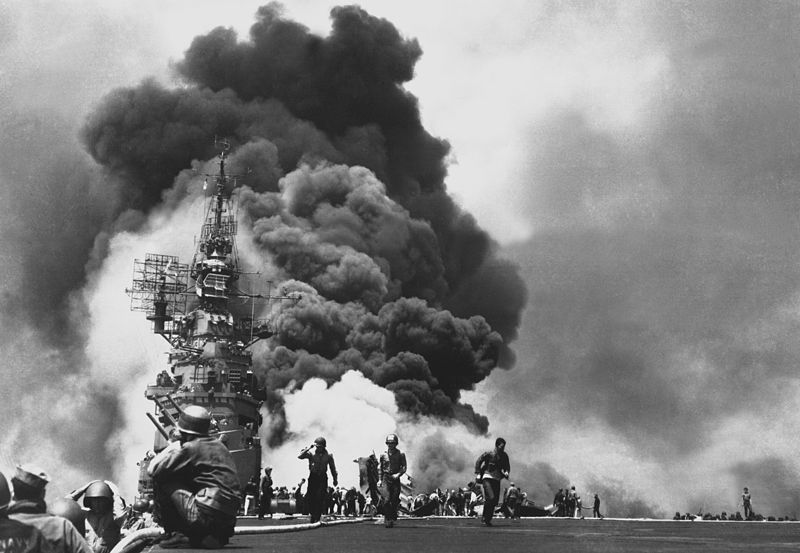 USS Bunker HIll Hit By Two Kamikazes in 30 Seconds Off Kyushu, May 1945 (Dead-372, Wounded-264), National Archives