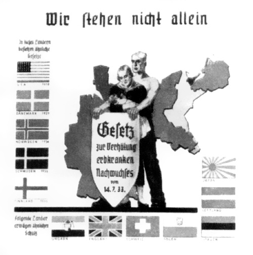 The woman is holding a baby and the man is holding a shield inscribed with the title of Nazi Germany's 1933 Law for the Prevention of Hereditarily Diseased Offspring (their compulsory sterilization law). The couple is in front of a map of Germany, surrounded by the flags of nations which had enacted (to the left) or were considering (bottom and to the right) similar legislation.