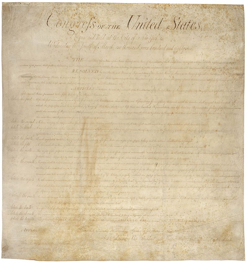 Original Bill of Rights, Created 1789 - Adopted 1791, National Archives