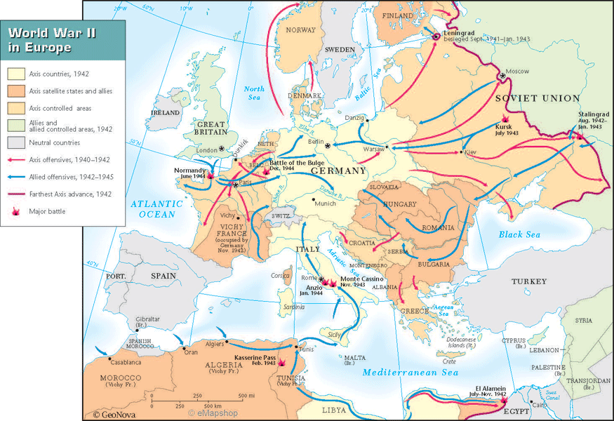 Map of European War Showing Major German-Soviet Battles, Monte Cassino (Italy) and Normandy Invasion in France (Next Chapter).