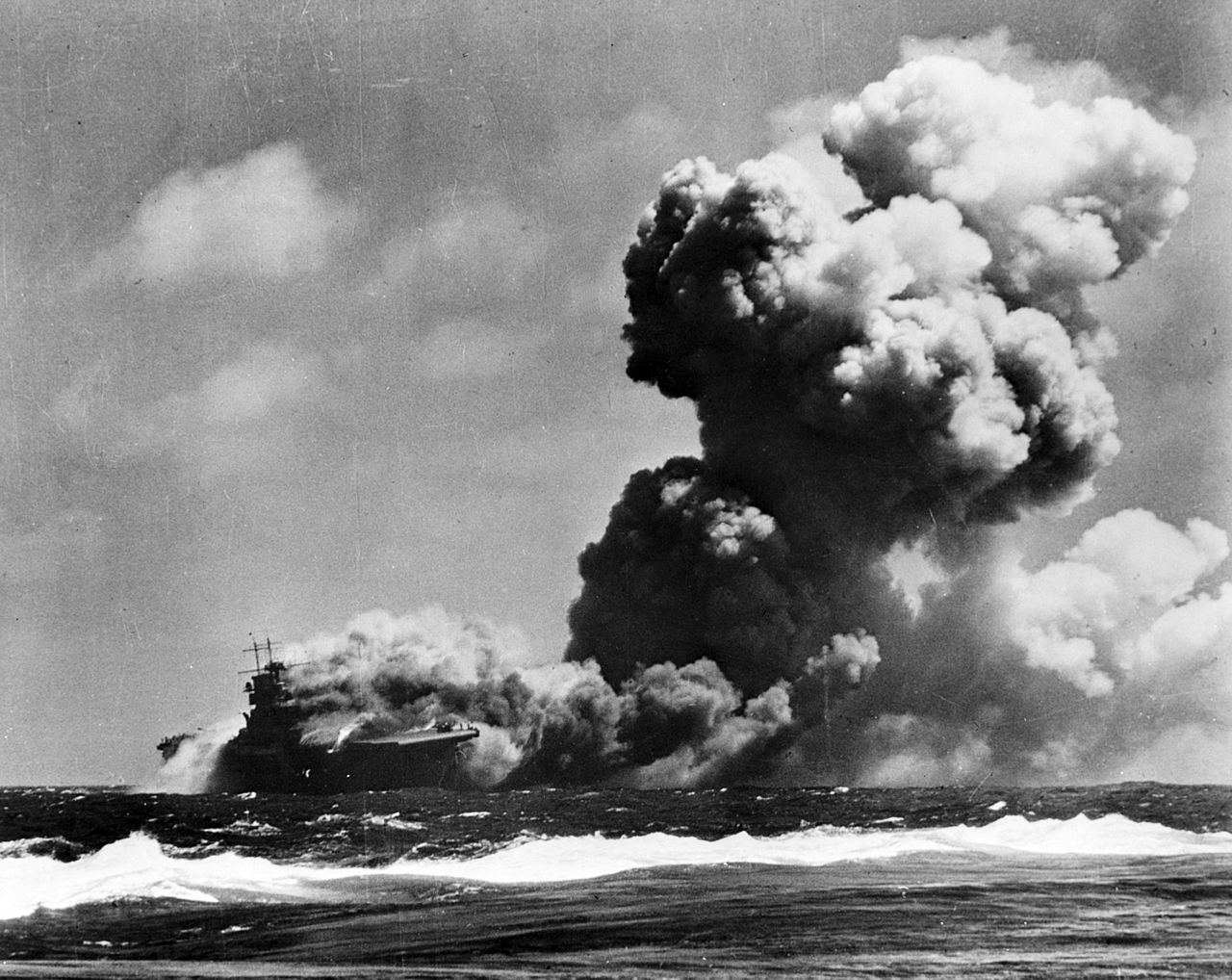 U.S. Aircraft Carrier USS Wasp (CV-7) Burning After Receiving Three Torpedo Hits From Japanese Submarine East of the Solomons, Near Guadalcanal, 15 September 1942, Library of Congress