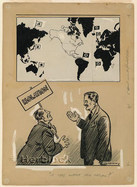 "Is This What You Mean?" [by protection of two oceans in Fortress America model], Herblock, 1939, Library of Congress