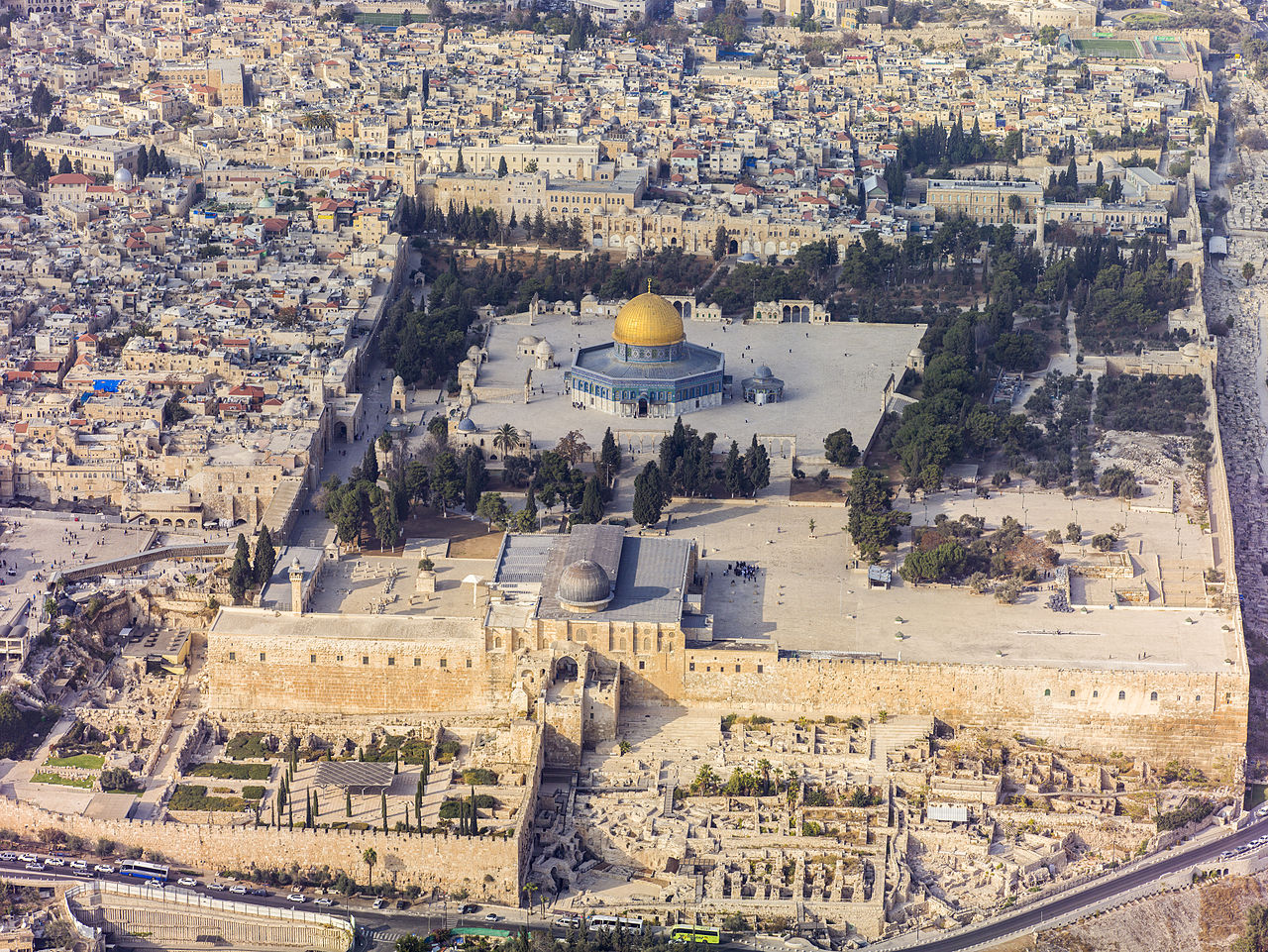 Southern Aerial View of the Temple Mount, Al-Aqsa Mosque in the Old City of Jerusalem