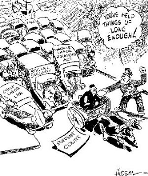 Cartoon Showing FDR's Impatience With Supreme Court Endangering the New Deal, Artist Unknown