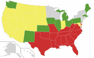 Loving v. Virginia Forced States In Red To Abandon Anti-Miscegenation Laws In 1967; States In Green Dropped Such Laws Prior To 1887, States In Yellow Between 1948-1887 And States In Gray Never Had Them, Certes-WikiCommons