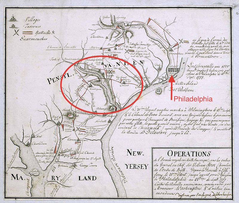 Hessian Map of British Philadelphia Campaign, Marburg State Library (Germany) & West Jersey History Project (Text in French)