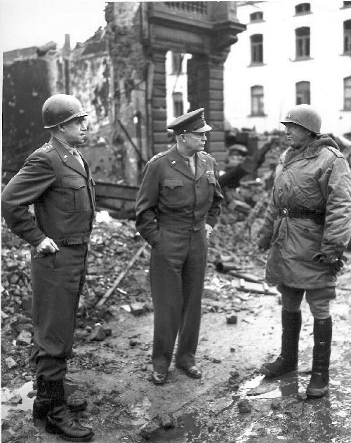 Omar Bradley, Dwight Eisenhower & George Patton Surveying Damage In Bastogne, Belgium, 1945, National Archives