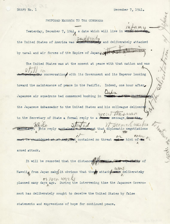 First Draft of "Day of Infamy" Speech, FDR Library, Marist College