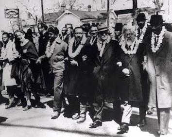 Abraham Joshua Heschel, Second From Right, Marching in Selma, March 1965, WikiCommons
