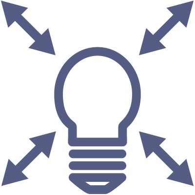 Case Studies icon featuring arrows pointing both toward and away from a lightbulb